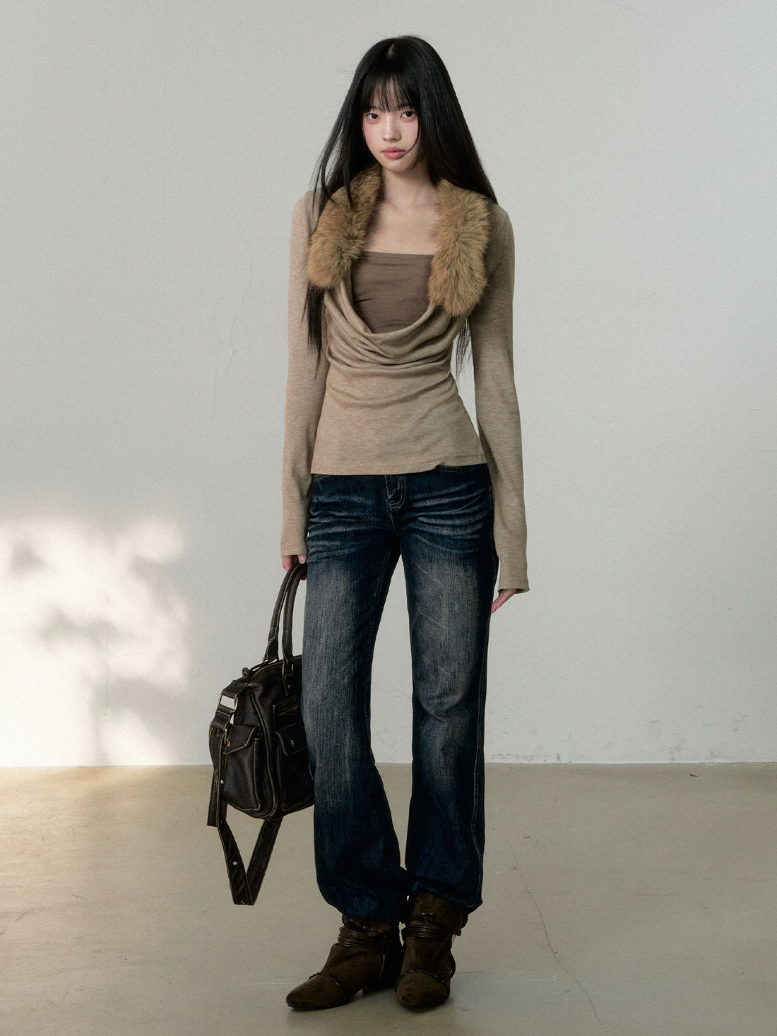 Two-Piece Draped-Collar Knit Crewneck