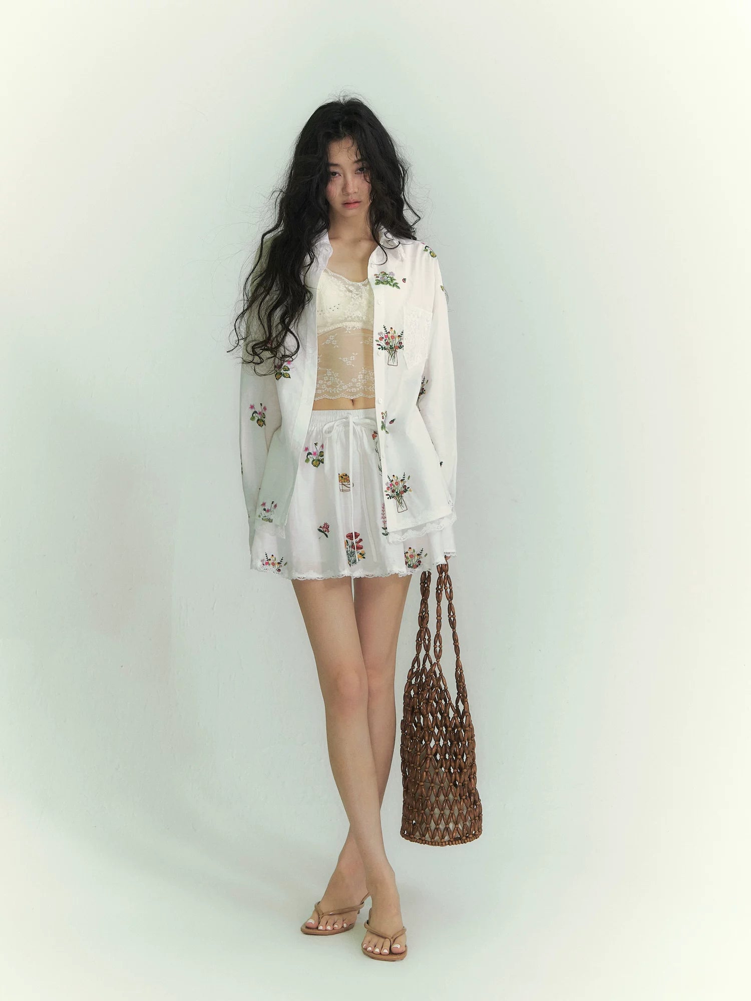Floral Embroidered Lace Panel Shirt &amp; Mini Skirt Set
