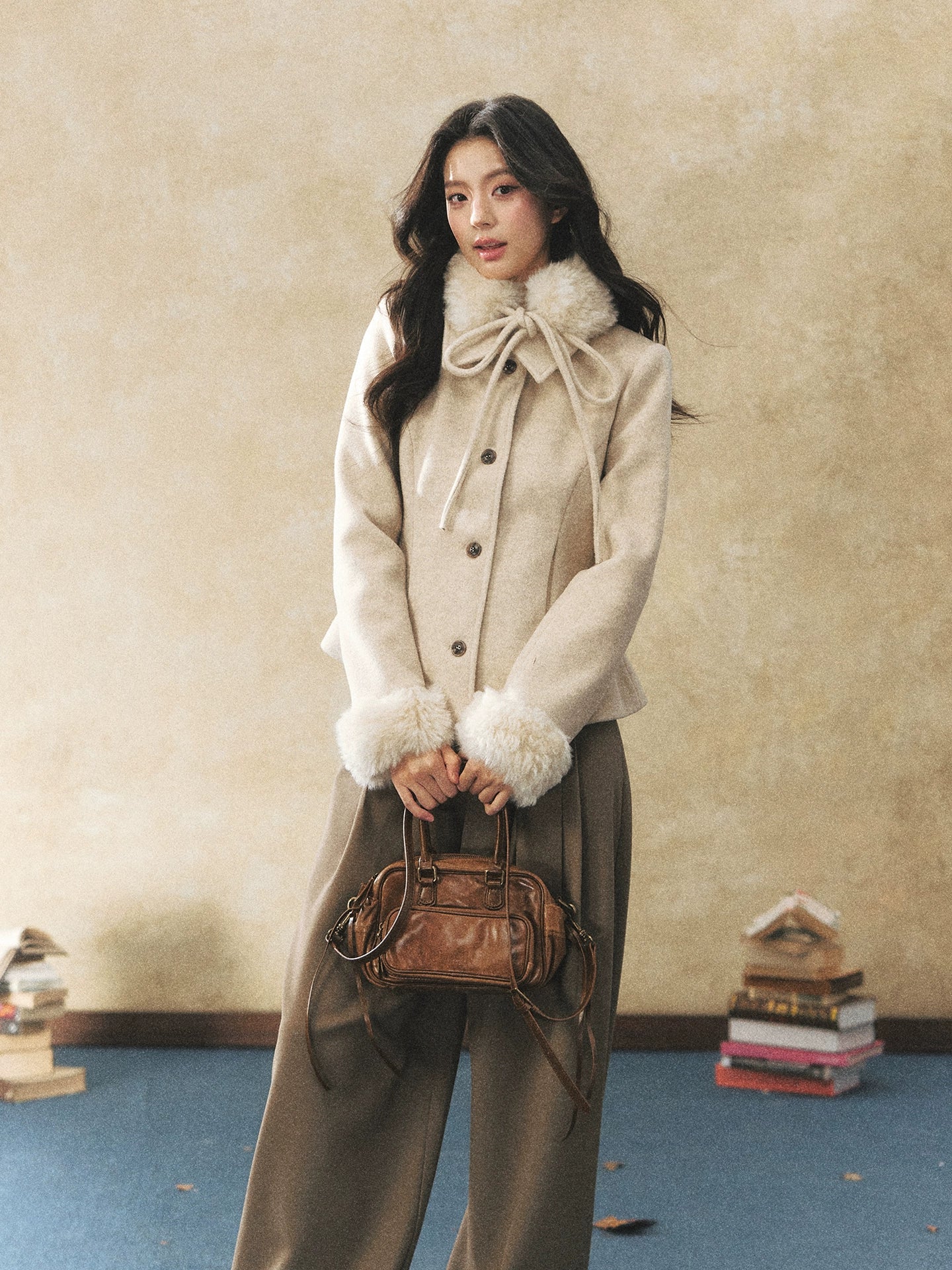 Detachable Fur-Collar Wool-Blend Jacket