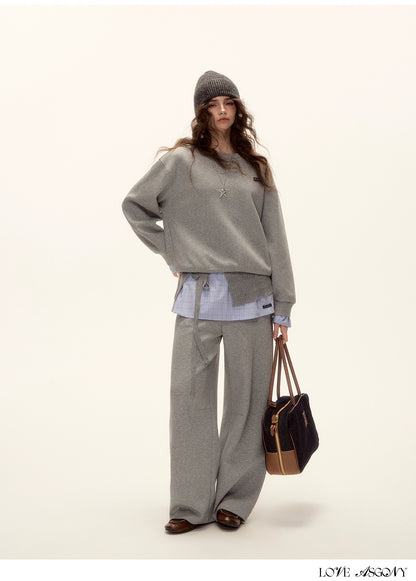 Patchwork Sweatshirt &amp; Curved-Hem Knit Pants Set