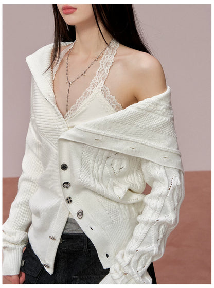 Oversized Collar Asymmetric Knit Sweater Jacket