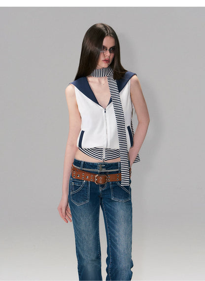 Color-Block Nautical Sailor Collar Sleeveless Top