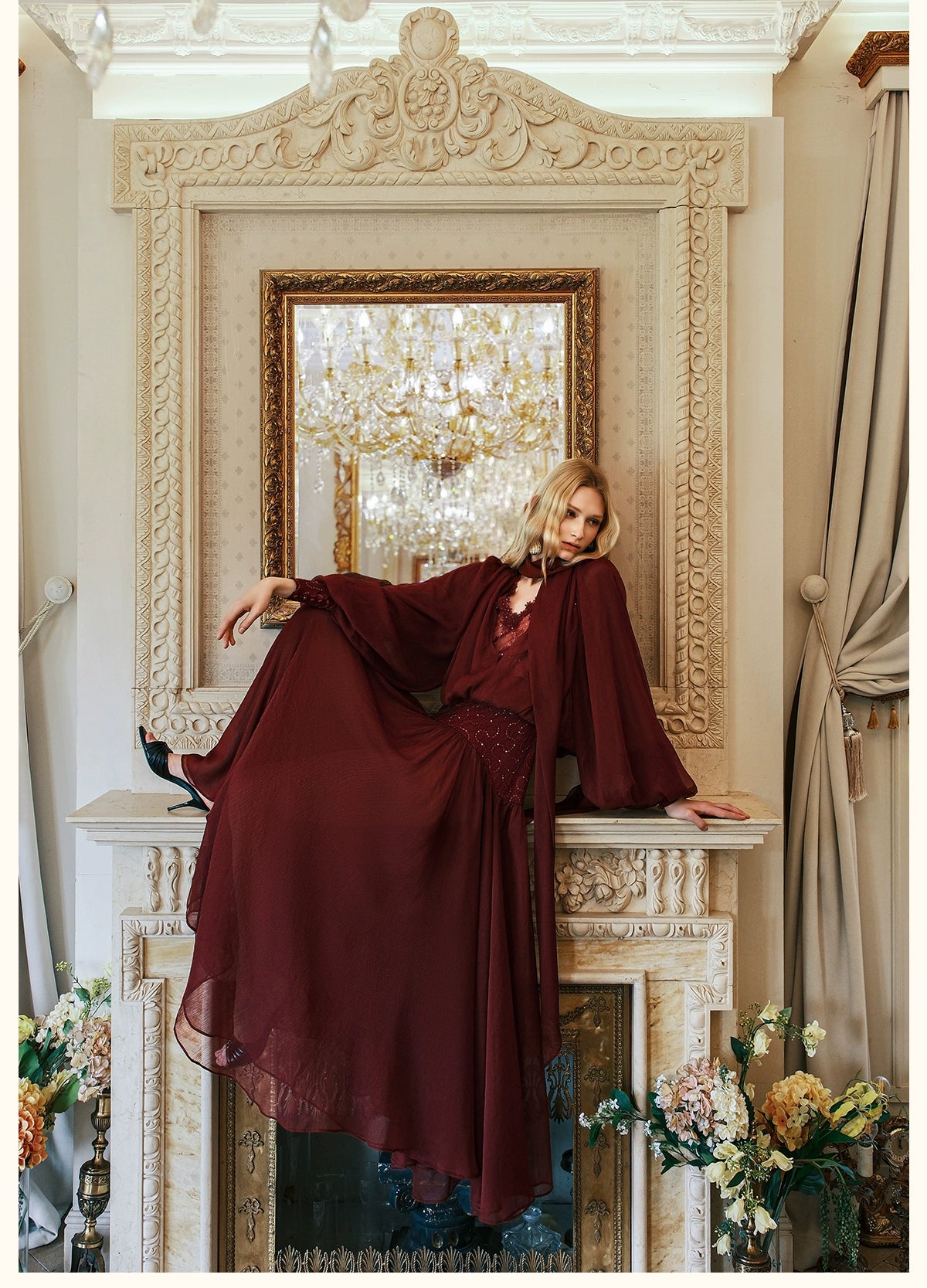 Milena Chiffon Lace Lantern Sleeve Midi Dresse