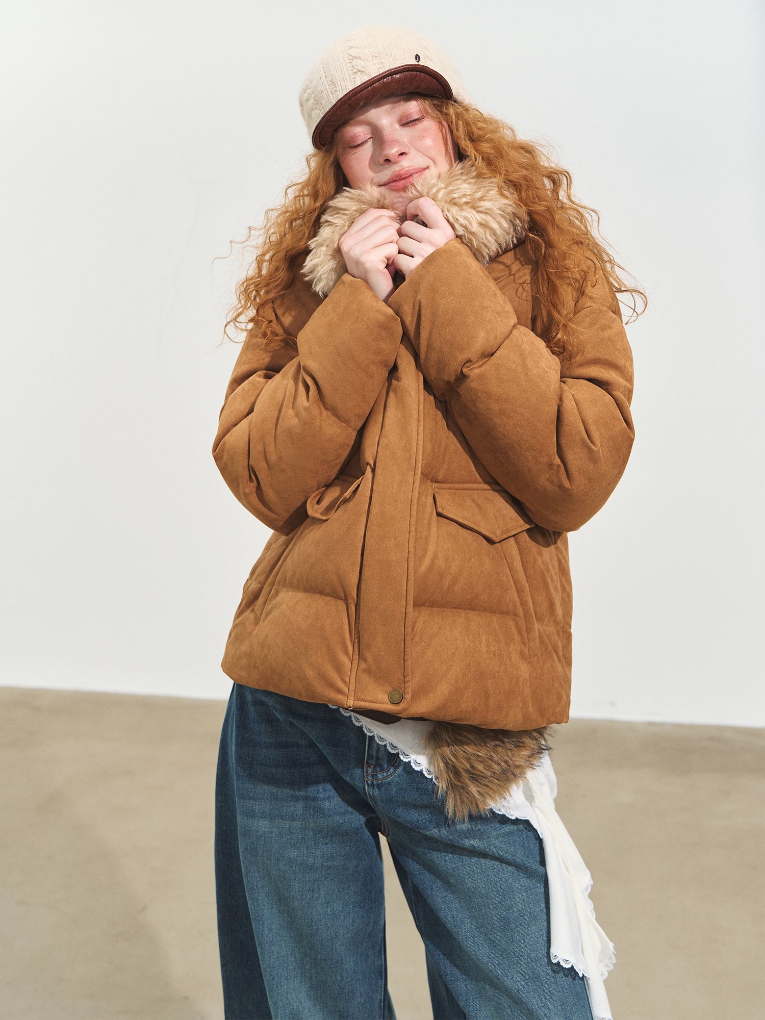 Faux Fur Collar Suede-Panel Down Jacket