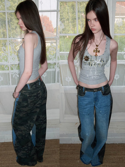 Camouflage Patchwork Denim Straight-Leg Jeans