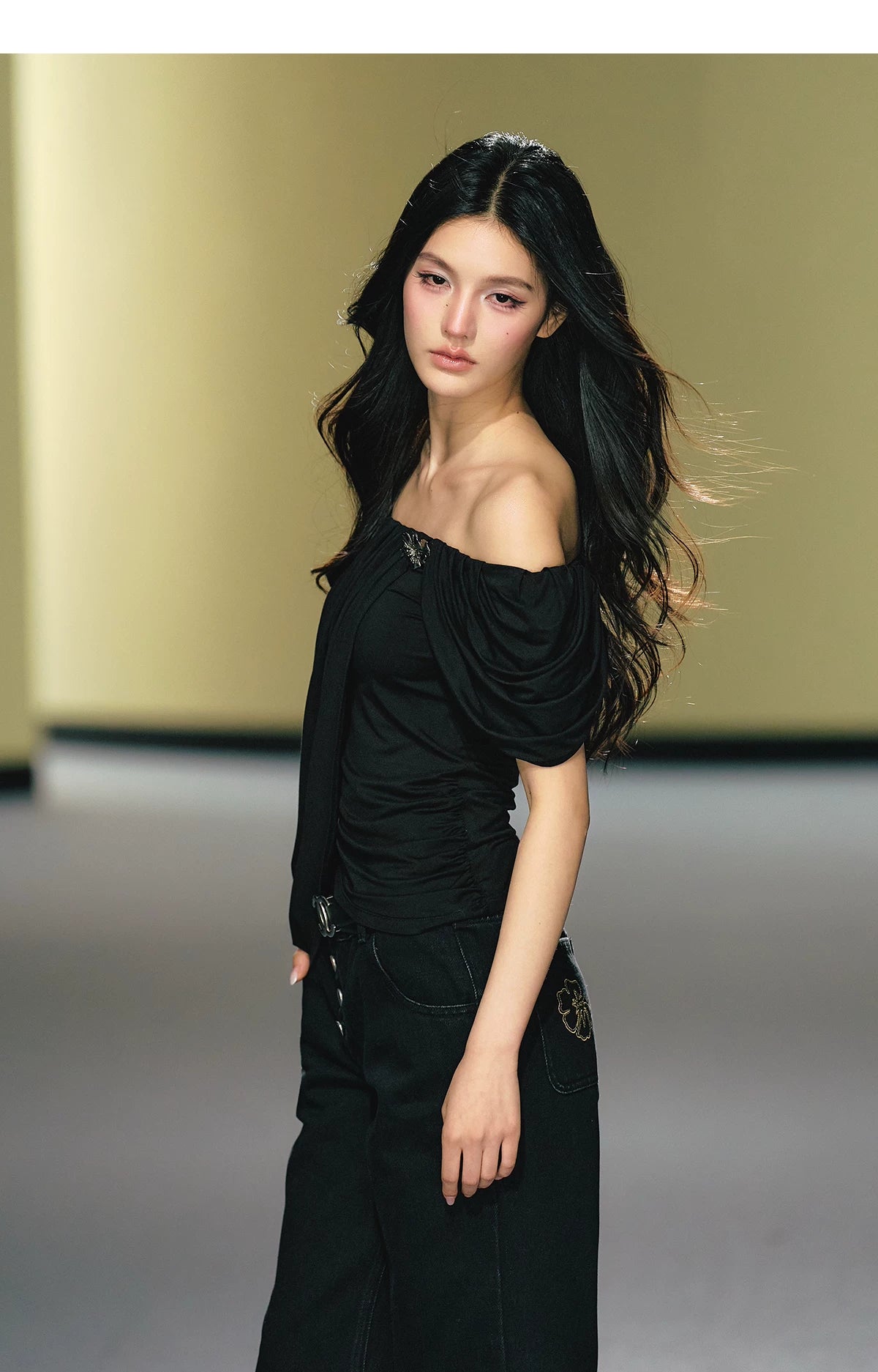 Off-Shoulder Draped Pleated Lyocell Top