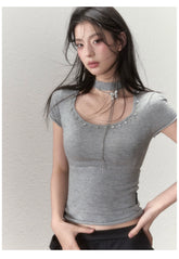 Choker Collar Rhinestone Knit T-Shirt - CHINASQUAD