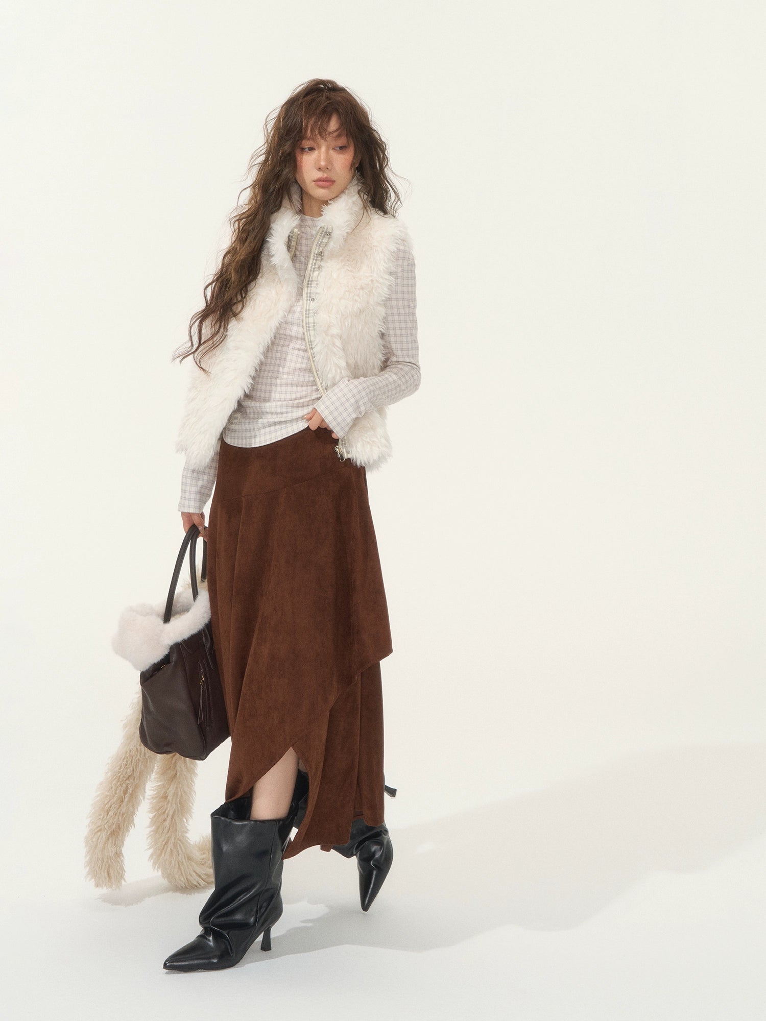 Asymmetric Faux Suede Midi Skirt