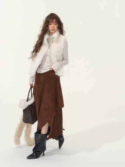 Asymmetric Faux Suede Midi Skirt