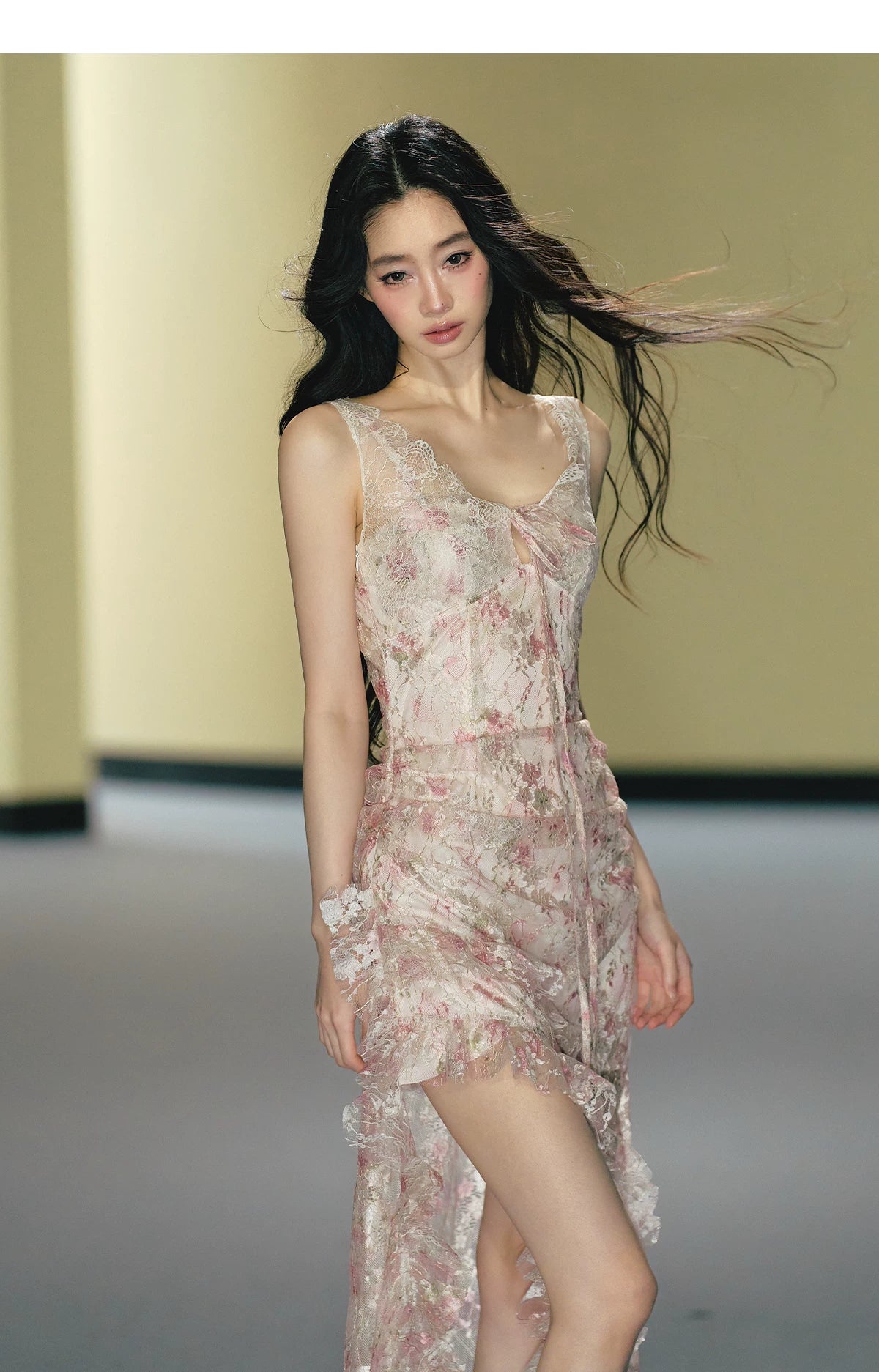 Misty Blush Lace-Panel Slip Maxi Dress