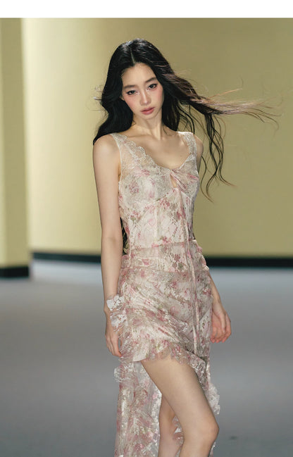 Misty Blush Lace-Panel Slip Maxi Dress