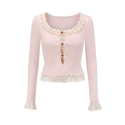 French Preppy Pink Wool Knit Cardigan