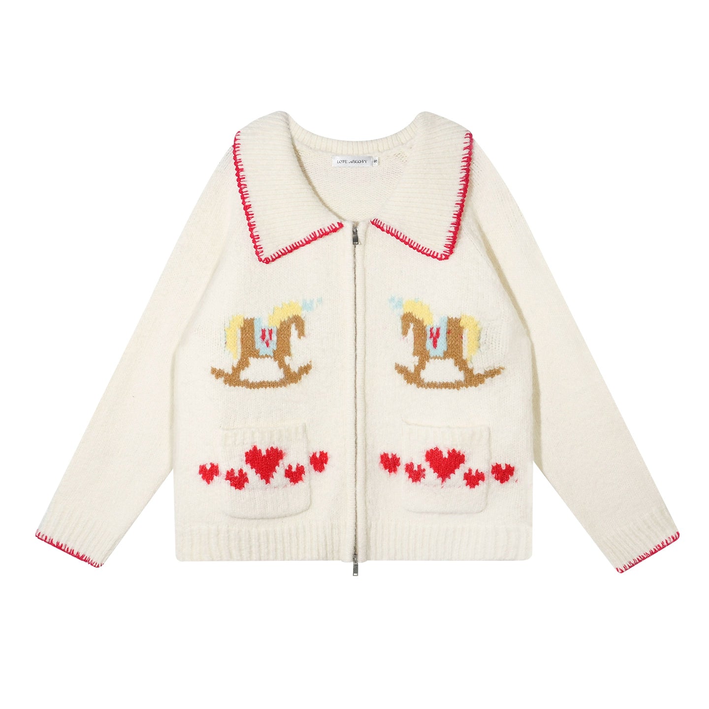 Contrast-Trim Pony Jacquard Zip-Up Knit Cardigan
