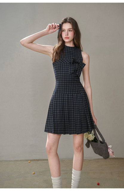 Bow Halter Checked Pleated Dress