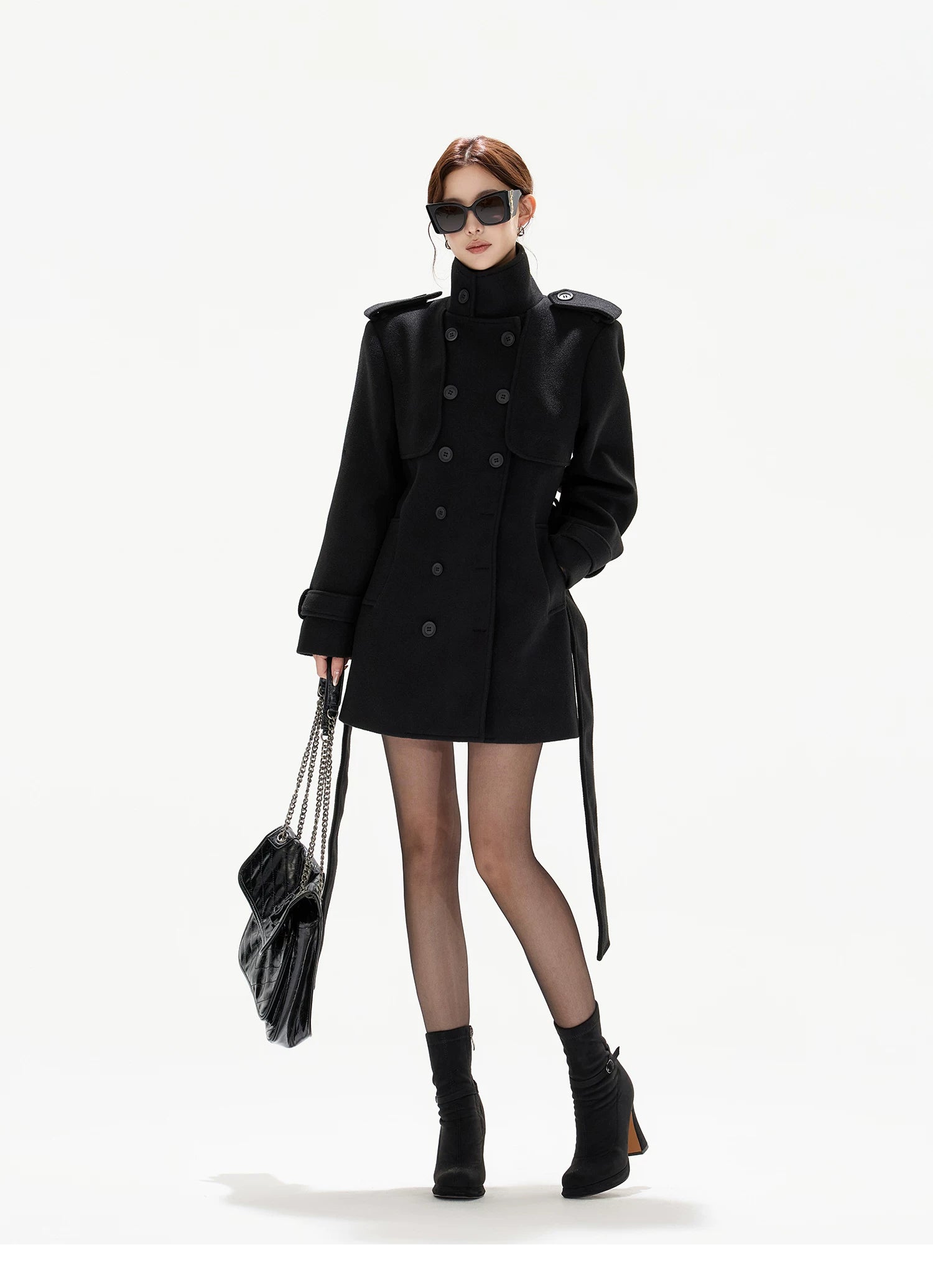 Belted Collar Mid-Length Wool-Feel Jacket