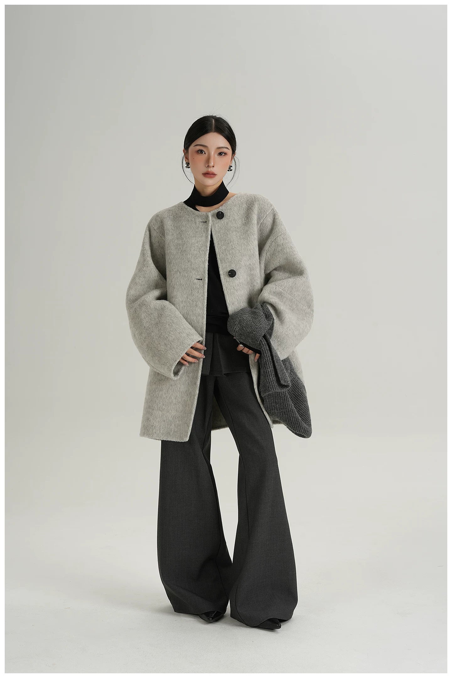 Knitted Hooded Scarf Mid-Length Wool Coat