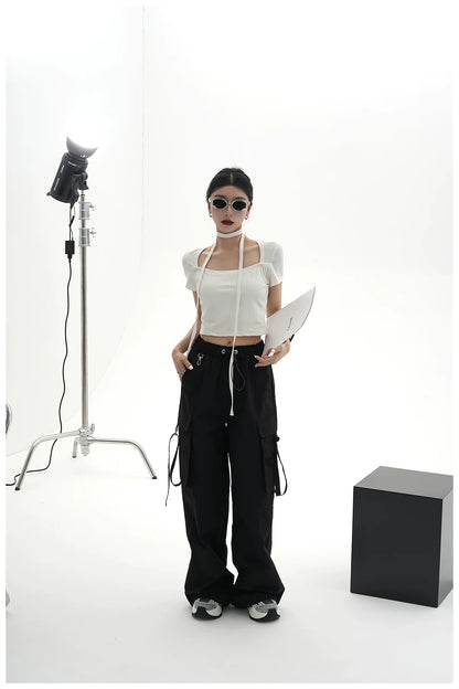 Tie-Detail Square-Neck Cropped T-Shirt