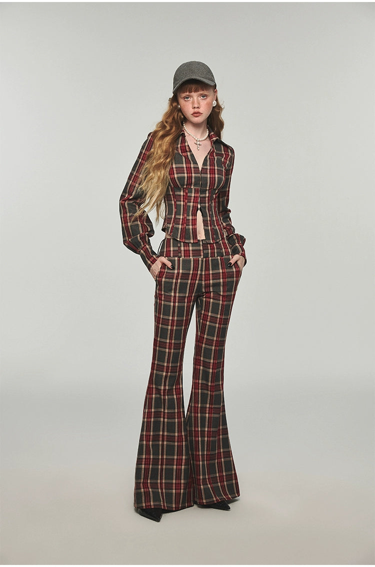 Plaid &amp; Leopard Slim-Fit Flared Pants - CHINASQUAD