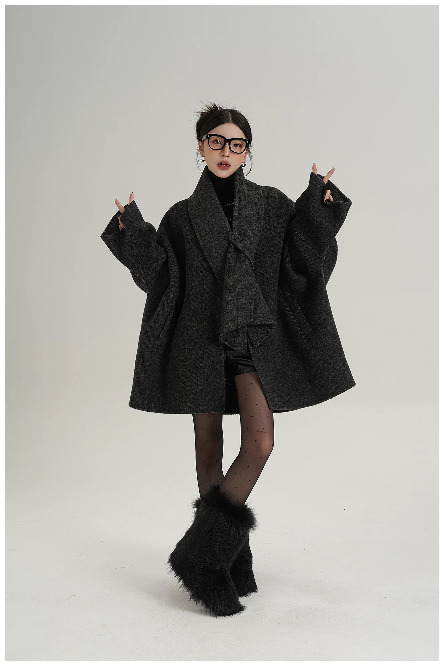 Scarf-Detail Mid-Length Wool Jacket