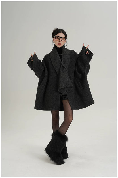 Scarf-Detail Mid-Length Wool Jacket