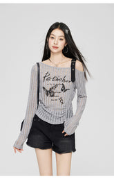 Gray & Beige Hollow Off-shoulder Long Sleeve T-shirt - CHINASQUAD