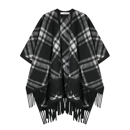 Vintage Plaid Tassel Cape Scarf