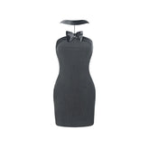 Black & Grey Bowknot Strapless Halterneck Dress - CHINASQUAD