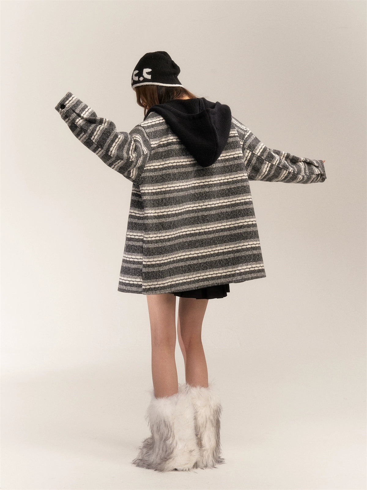 Striped Silver Fox Fur Hoodie Coat