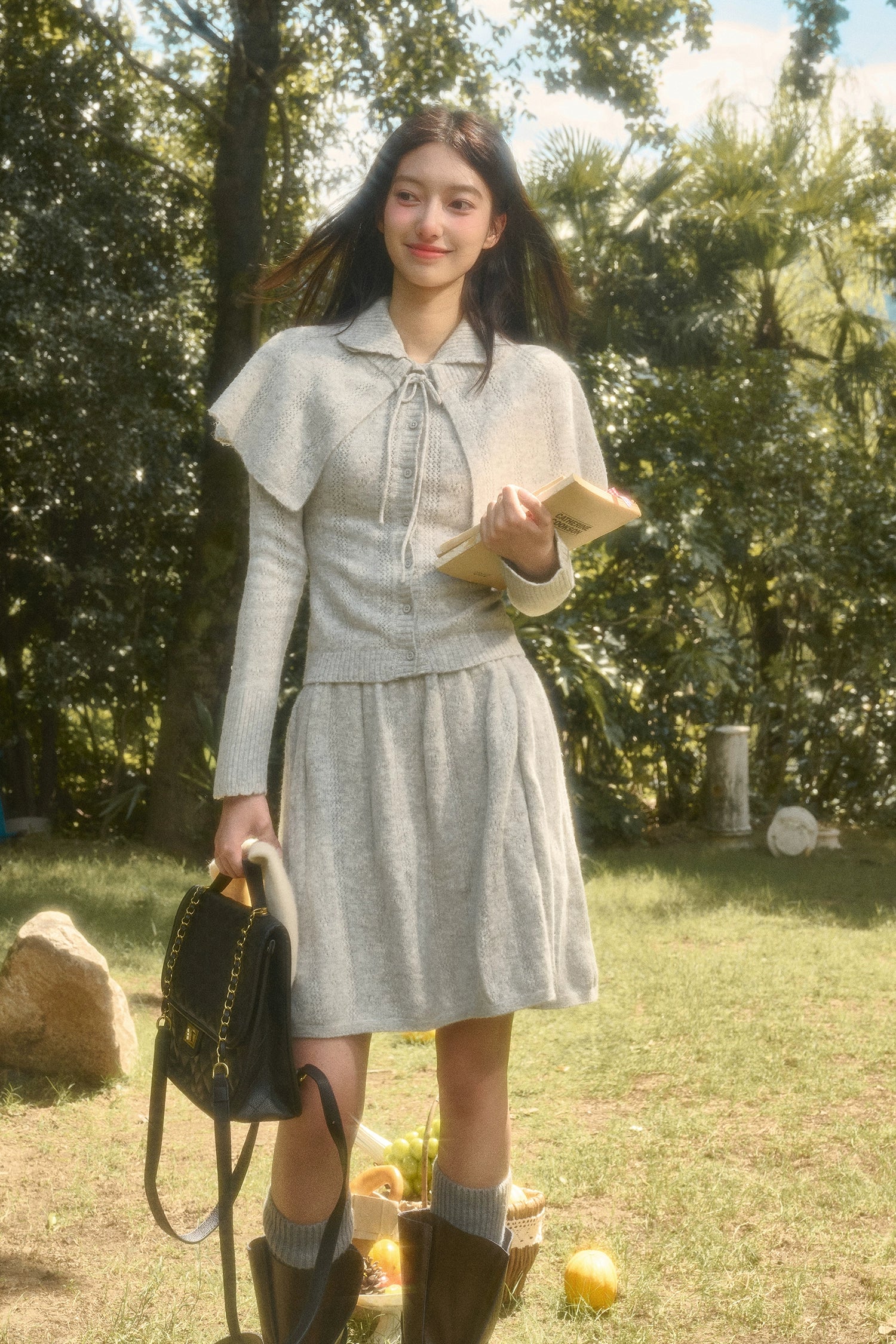 Snow Library Wool Knit Cape Cardigan &amp; Skirt Set
