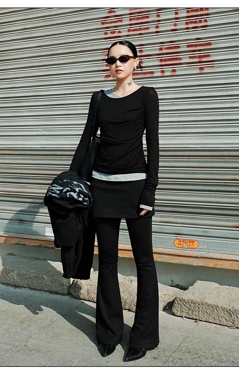 High-Stretch Faux-Layer Flared Base Leggings