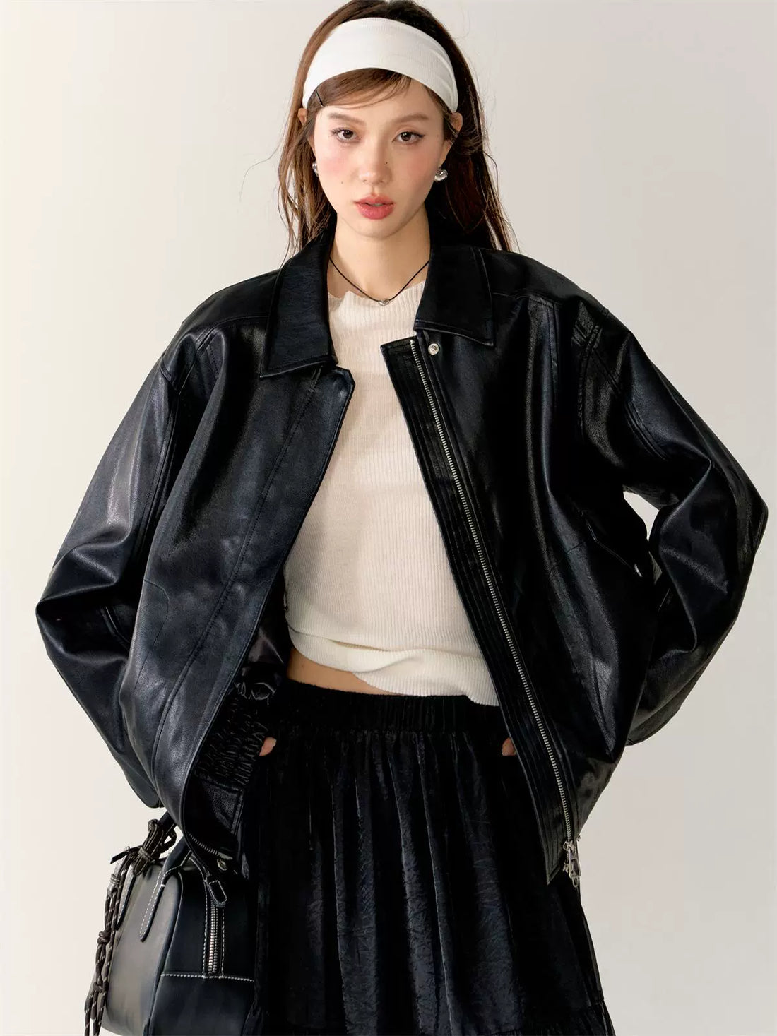 Black Turn-Down Collar Leather Jacket