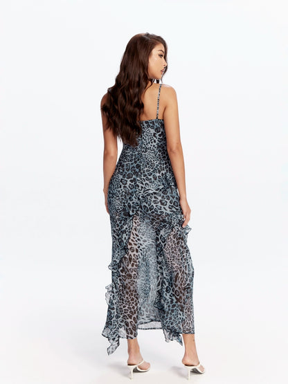 Blue Leopard Ruffle Maxi Dress