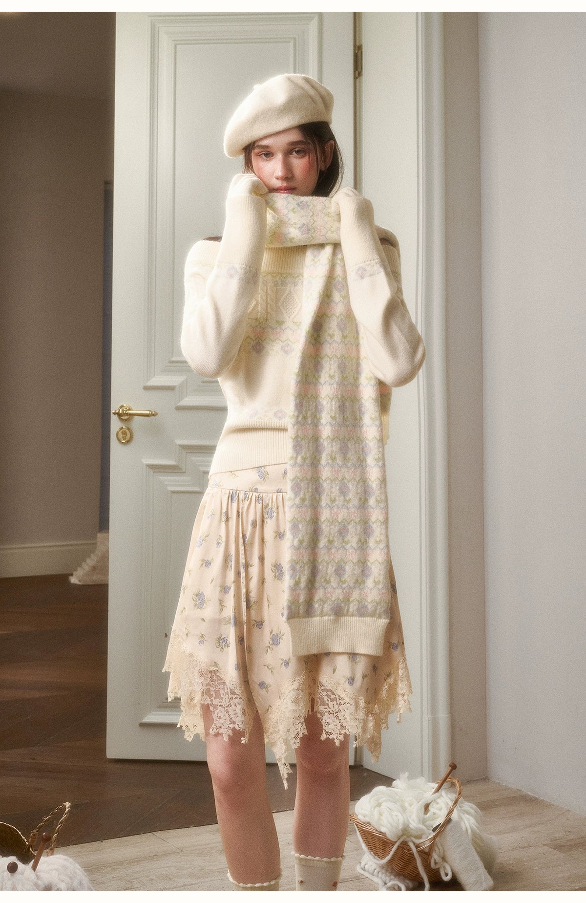 Cosagach Fair Isle Knit Crewneck &amp; Floral Skirt Set