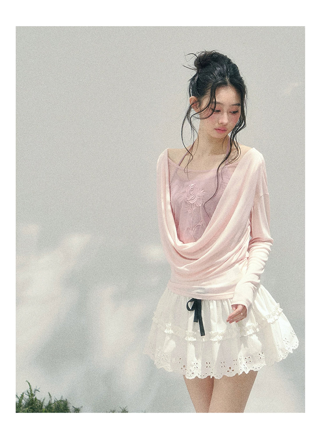 Rose Embroidery Draped Blouse Set