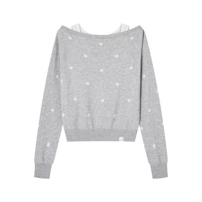 Off-Shoulder Polka Dot Layered Knit Sweater