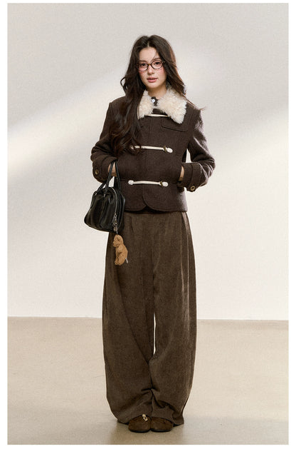 Brown Wool-Blend Toggle Cropped Jacket