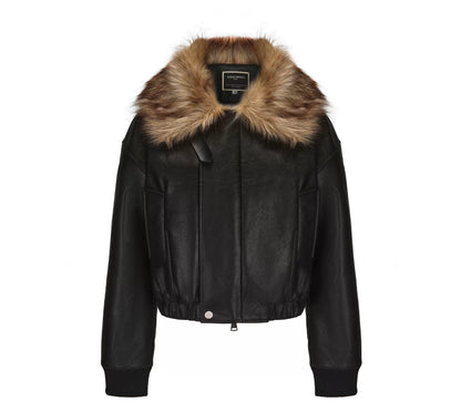 Faux Fur Collar Padded PU Biker Jacket