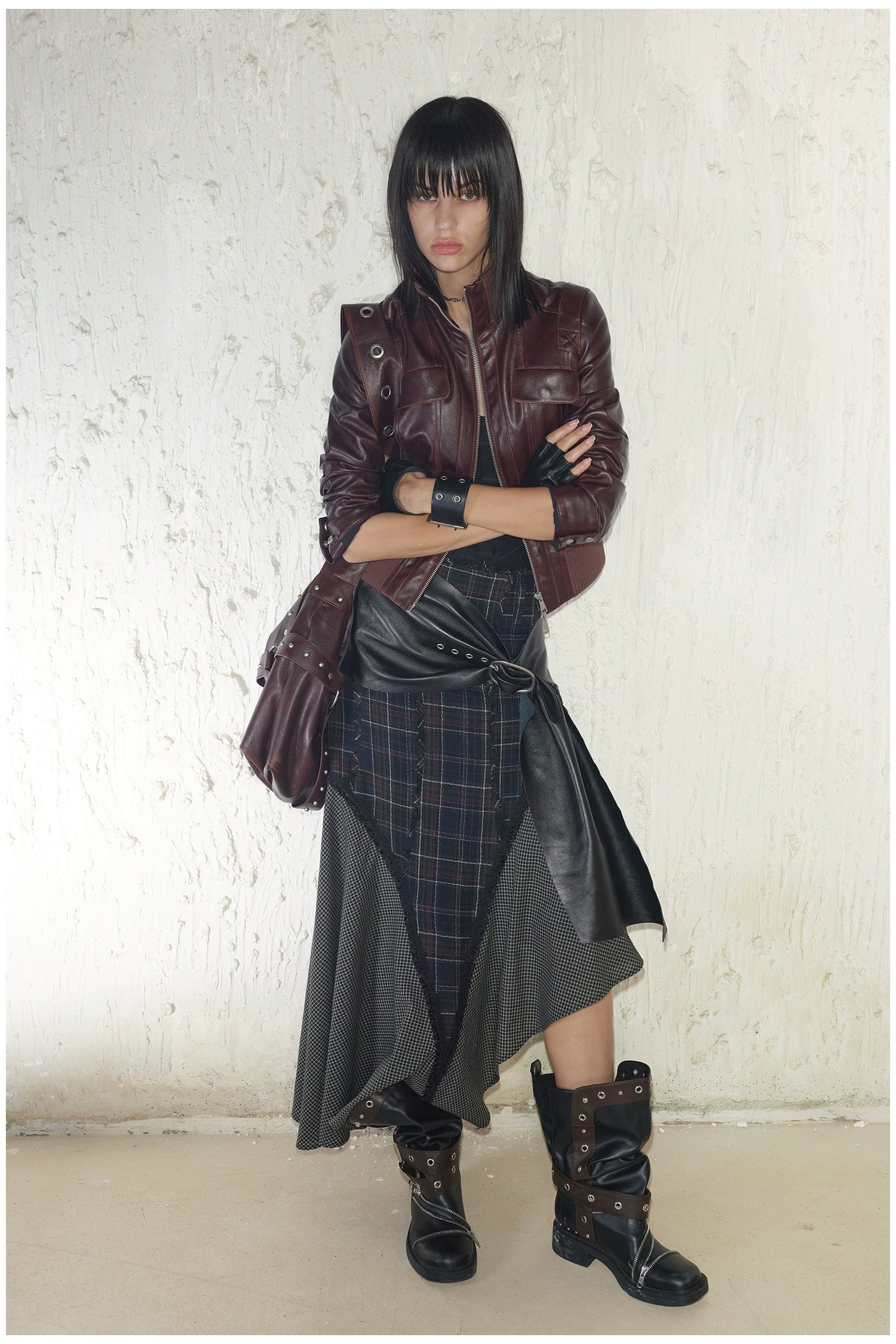 Distressed Cropped Biker Leather Jacket