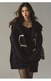 Khaki & Black Horn Button Knit Cardigan - CHINASQUAD