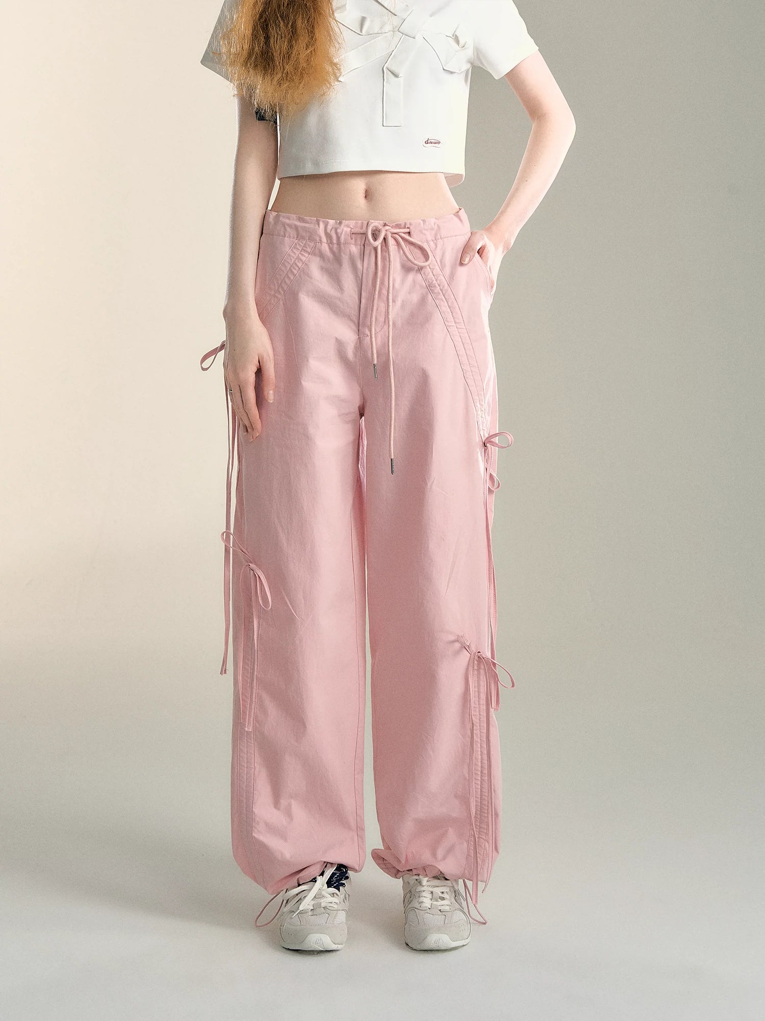 Pink &amp; Grey Bow Tie Drawstring Cargo Pants - CHINASQUAD