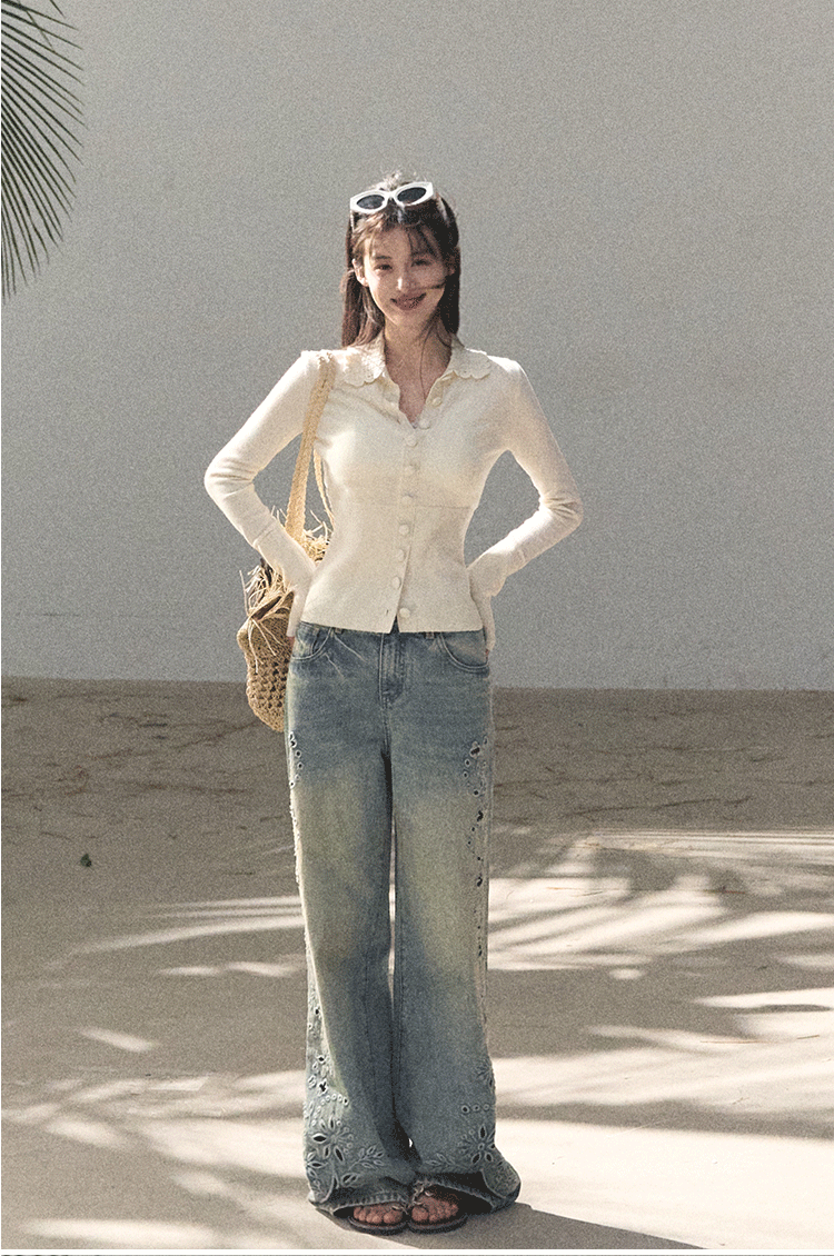 Washed Straight-Leg Wide Denim Pants