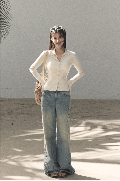 Washed Straight-Leg Wide Denim Pants