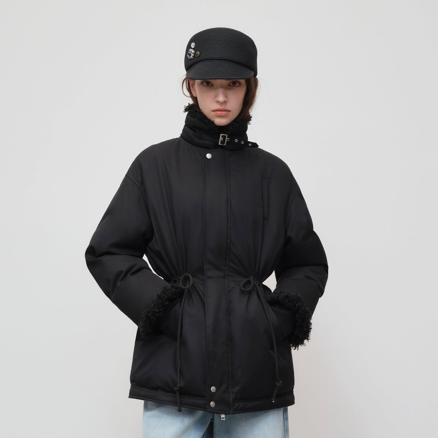 Black Longline Fleece Collar Windbreaker