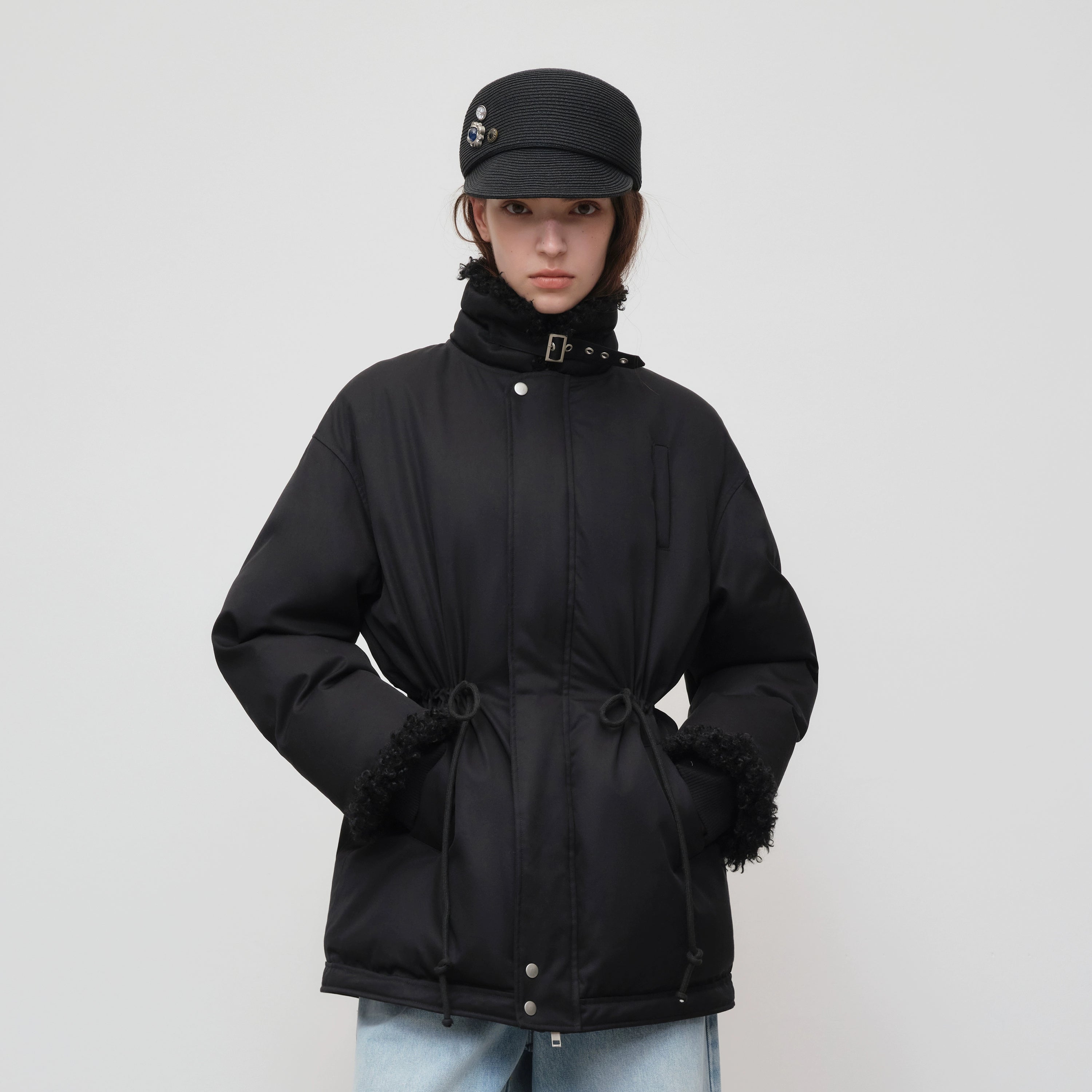 Black Longline Fleece Collar Windbreaker