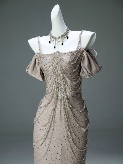 Luminous Droplight Crystal-Chain Couture Gown