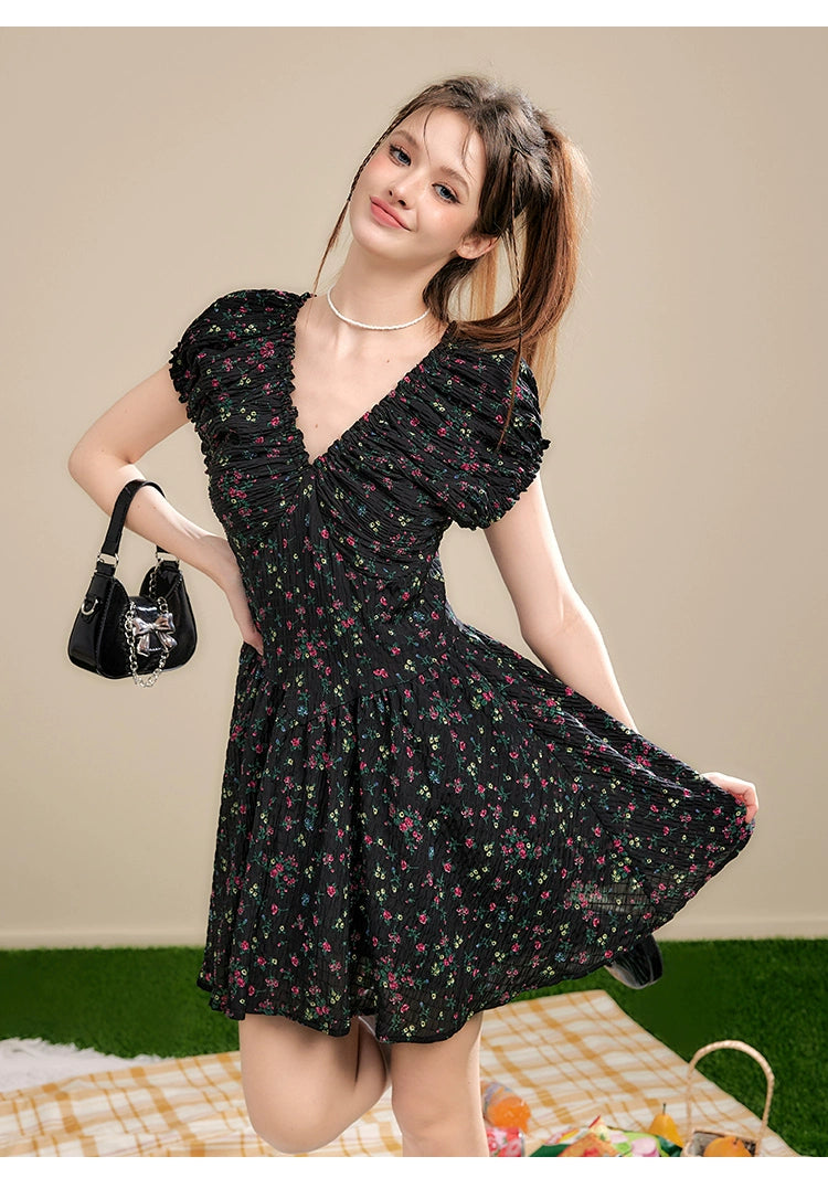 Black V-neck Ruffle Trim Floral Dress