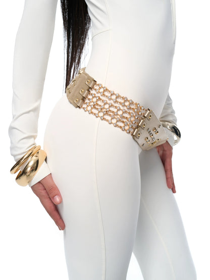 Ring-Detail Studded Woven PU Belt