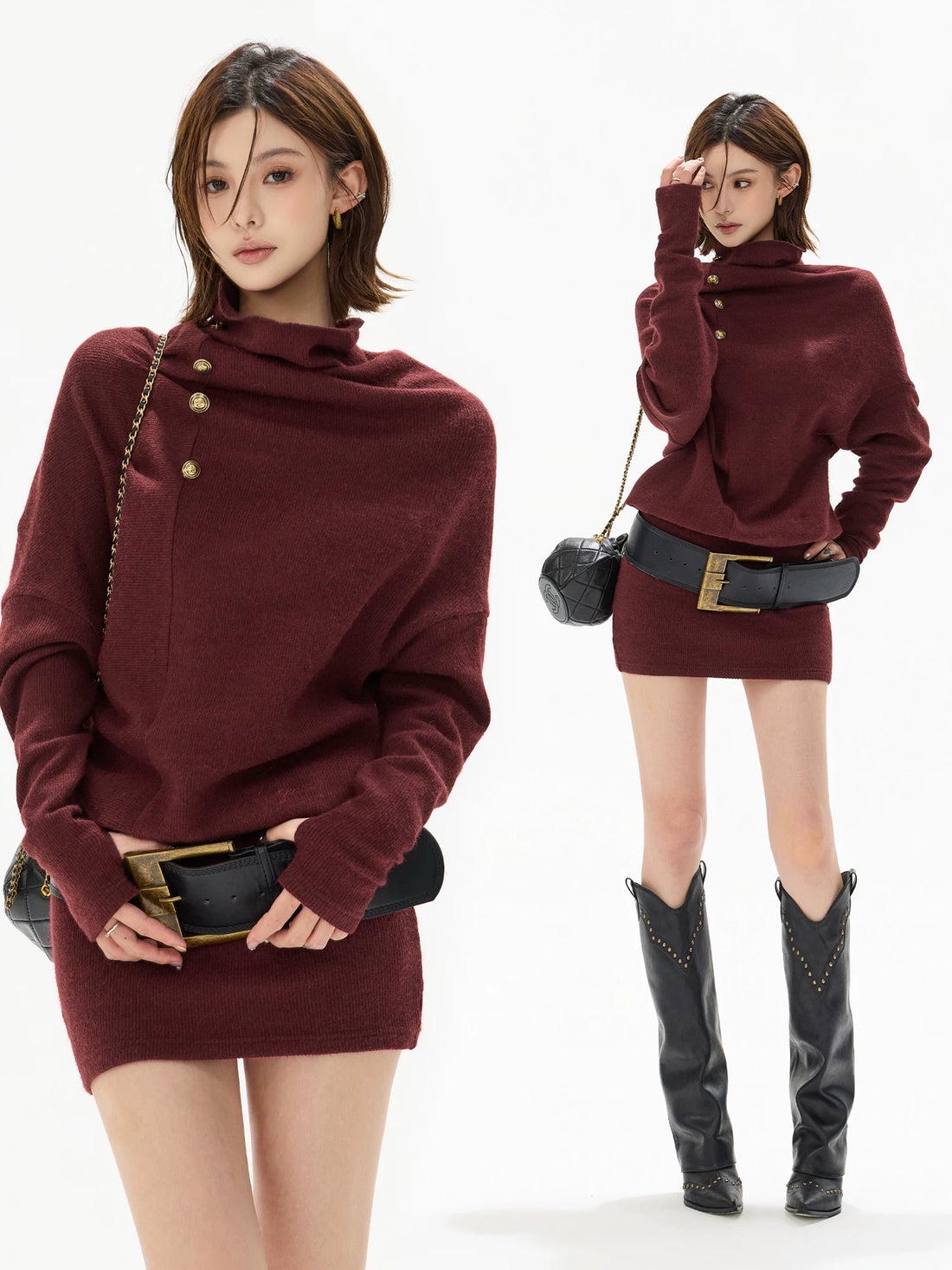 Cowl-Neck Batwing Sleeve Knit Mini Dress