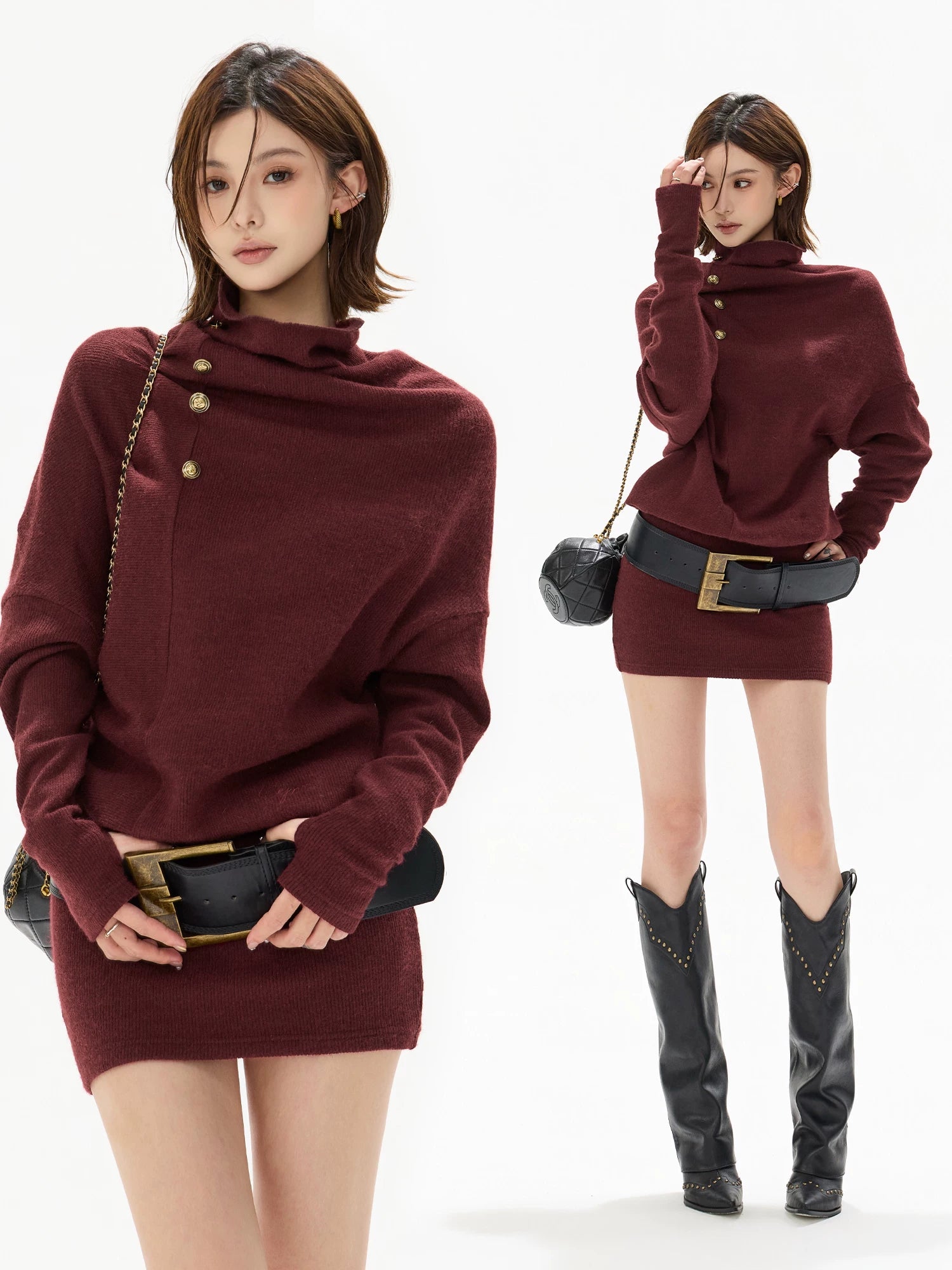 Cowl-Neck Batwing Sleeve Knit Mini Dress