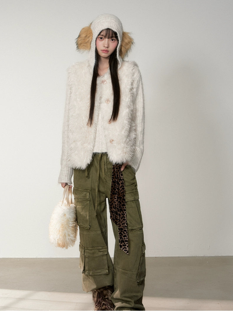 Curly Faux Shearling Brooch Vest